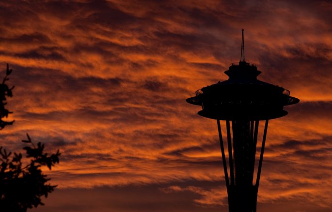 space needle at sunset